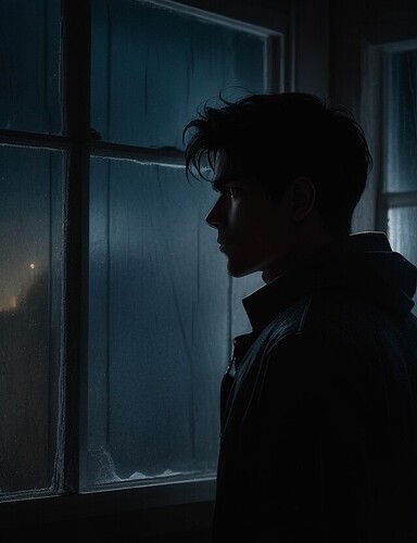 DreamShaper_v7_A_young_man_stands_by_a_rainstreaked_window_his_1